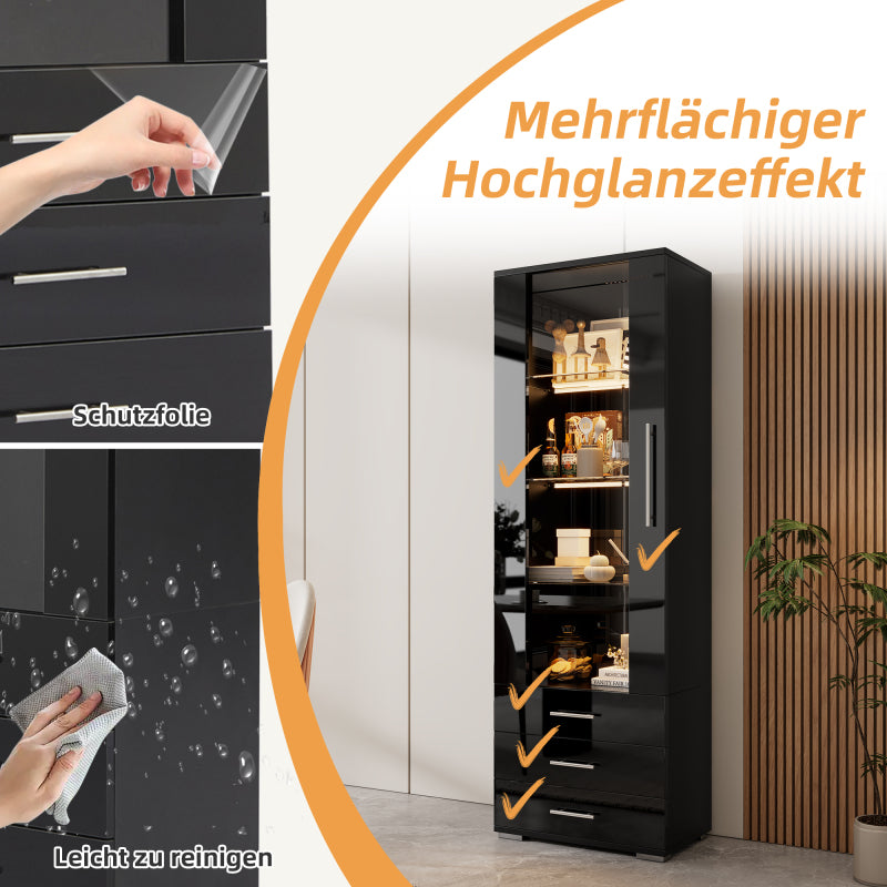 Schwarz Hochglanz Vitrine, Vitrine Glasvitrine , Standvitrine mit LED-Beleuchtung, Vertikale Vitrine mit 3 Schubladen, 60*35*180cm