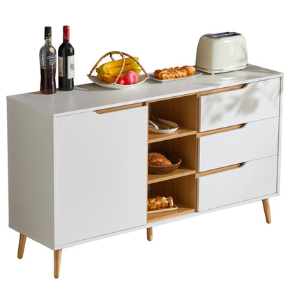 Modernes weißes Sideboard mit Einlegeböden, 3 Schubladen und offenem Stauraum, mit Kippschutz-Design – geeignet für Küche, Esszimmer und Wohnzimmer