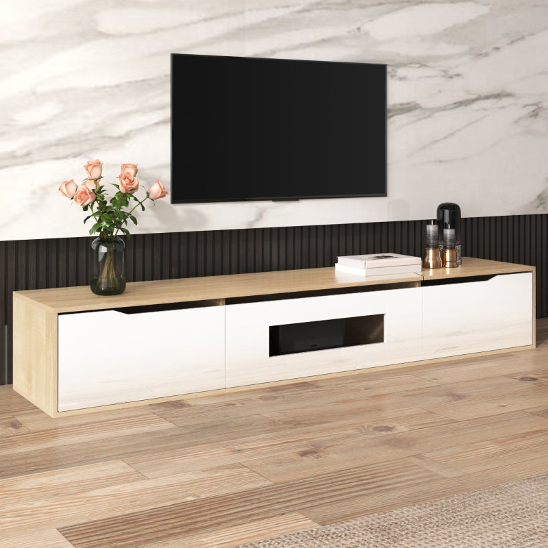 TV-Schrank, Hochglanz-TV-Schrank, farblich passend zu Hochglanz-Weiß und Holzfarbe, mit farbwechselndem LED-Licht.