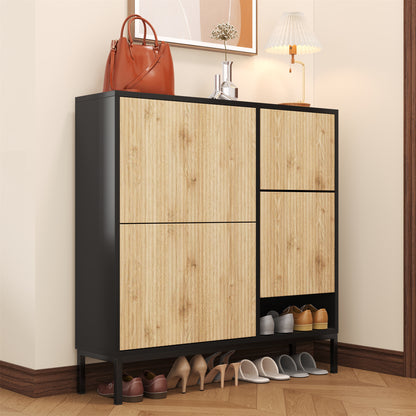 Schuhschrank mit Schuhwechselhocker, dreifach klappbarem Schuhregal und offenem Stauraum, geeignet für Flure, Schwarz + Holzfarbe