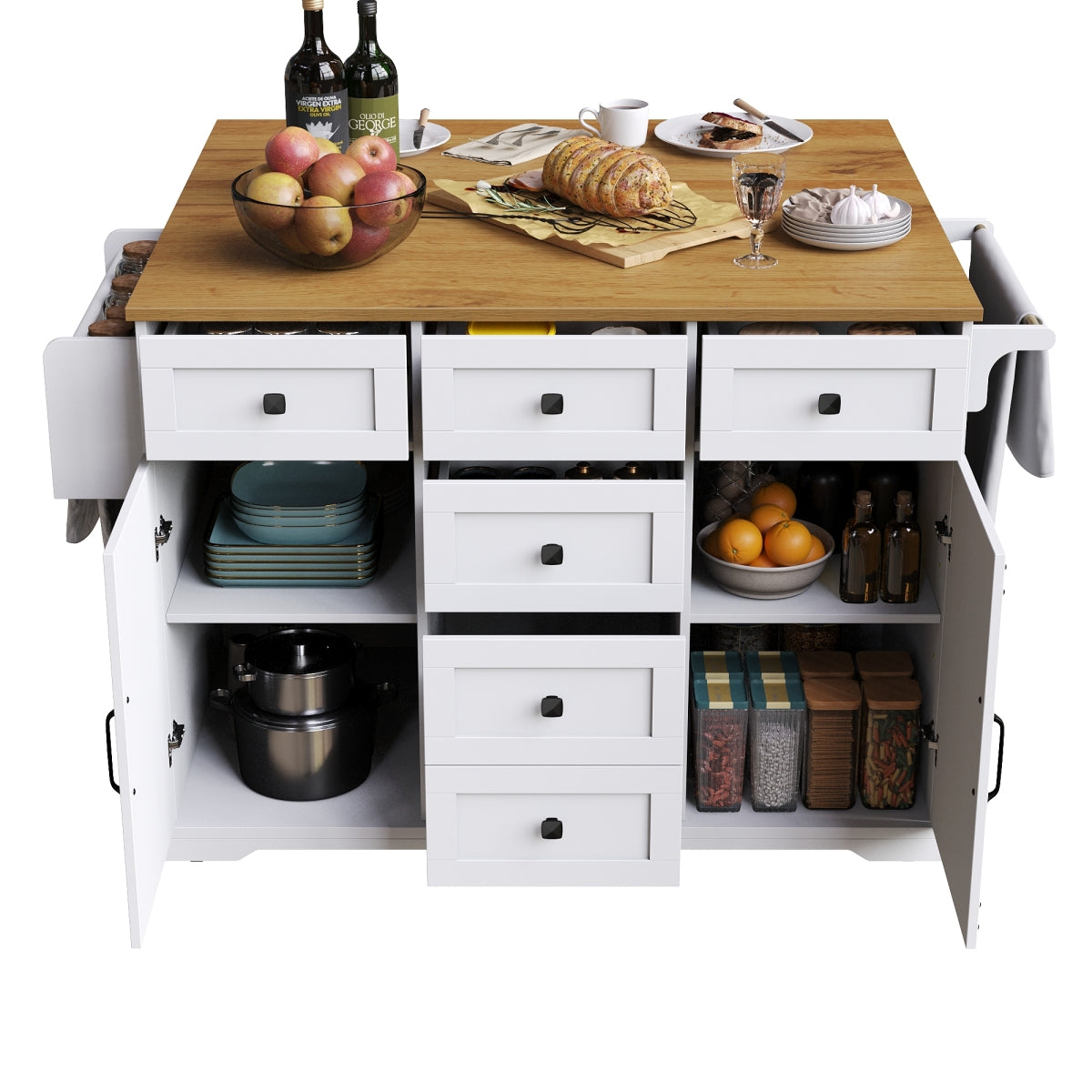 Kücheninsel 147cm klappbar Servierwagen Weiß & Holzoptik, Multifunktionaler Esstisch & Buffetschrank, Mobiler Küchenwagen mit Stauraum
