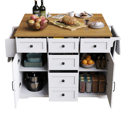 Kücheninsel 147cm klappbar Servierwagen Weiß & Holzoptik, Multifunktionaler Esstisch & Buffetschrank, Mobiler Küchenwagen mit Stauraum