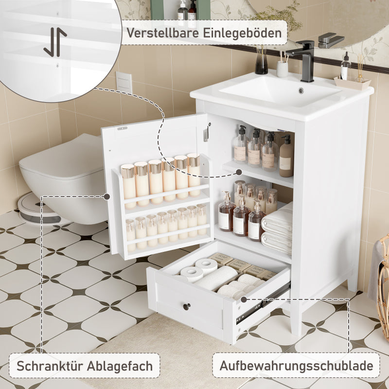 51x46x85cm Bodenstehender Badezimmerschrank mit Waschbe, Waschtisch,komplett lackiert, Türablage, geräuschlose Schublade mit großem Fassungsvermögen, verstellbares Regal, Keramikwaschbecken, weiß