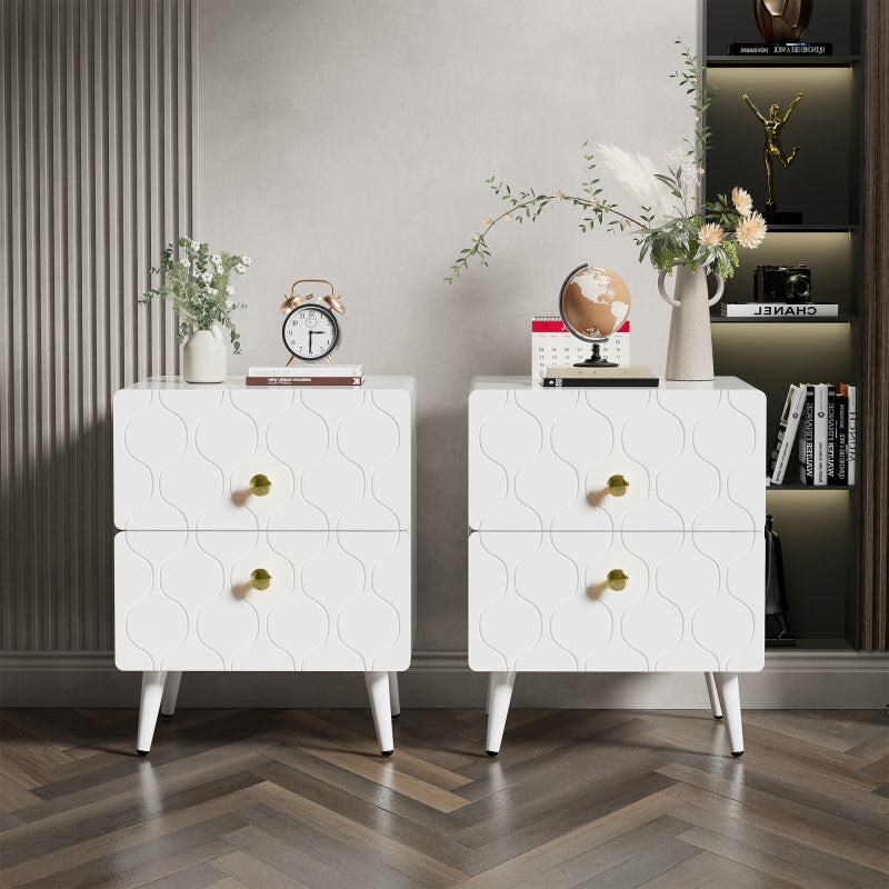 Moderner Nachttisch, vergoldete Griffe, Wellenmuster, 2er-Set, mit 2 Schubladen, lackiert, Ecken mit stoßfestem Design, 39,5 B*40 T*50 H cm, Weiß
