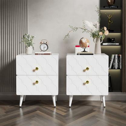 Moderner Nachttisch, vergoldete Griffe, Wellenmuster, 2er-Set, mit 2 Schubladen, lackiert, Ecken mit stoßfestem Design, 39,5 B*40 T*50 H cm, Weiß