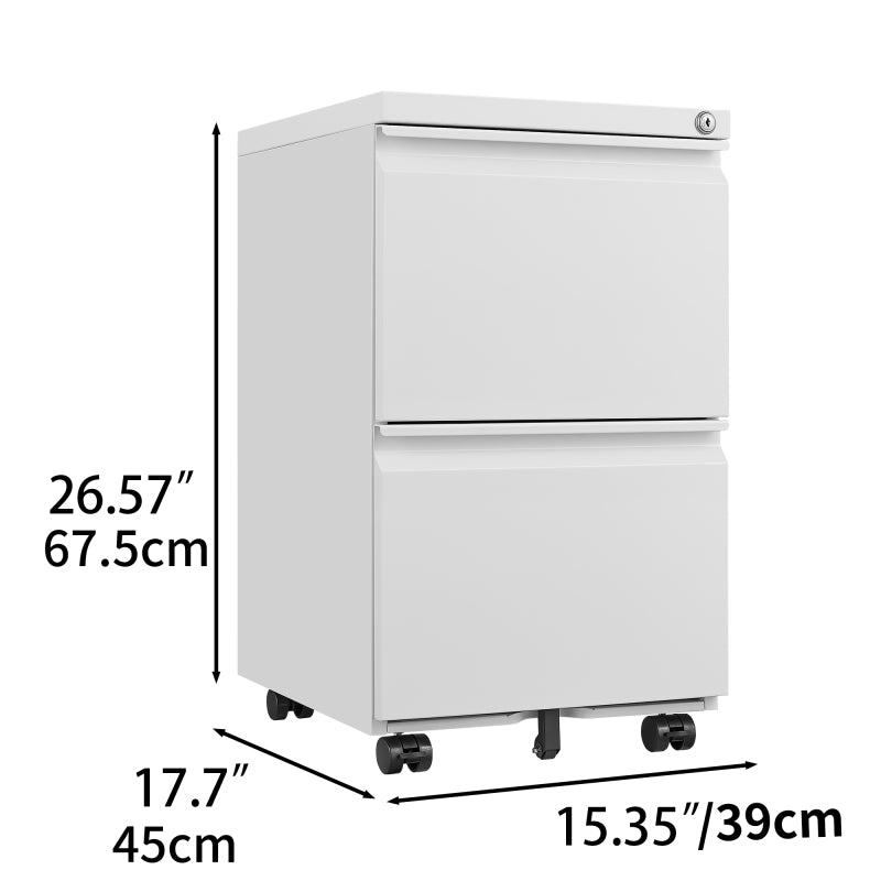 Metal 2 Drawer Mobile File Cabinet with Lock, Under Desk Office Steel Filing Cabinet, 25.6''H Legal/Letter Size Files Storage Cabinet,White