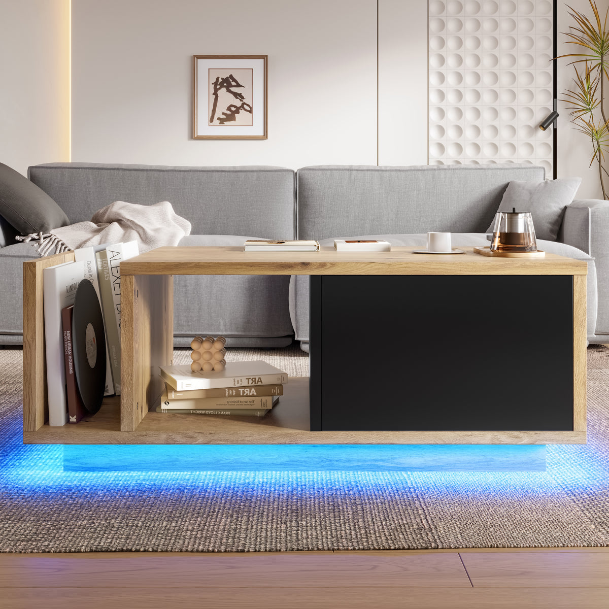 Couchtisch mit LED-Beleuchtung, Wohnzimmertisch mit Schublade und Stauraum, Holzoptik & Metall