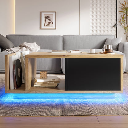 Couchtisch mit LED-Beleuchtung, Wohnzimmertisch mit Schublade und Stauraum, Holzoptik & Metall