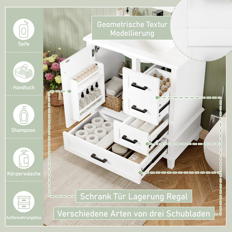 76x46x83,5cm Bodenstehender Badezimmerschrank mit Waschbecken, Waschtisch, komplett lackiert, Türregal, drei geräuschlose Schubladen, integriertes Keramikwaschbecken, weiß