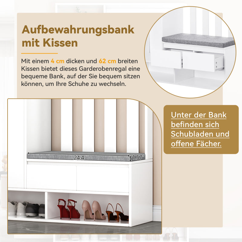 Flurgarderobe mit gepolsterter Aufbewahrungsbank, multifunktionaler Flur-Schuhschrank mit Stecktafel, moderne Garderobe mit 4 Haken für Eingangsbereich, Waschküche, Weiß,H180/B100/T35 cm