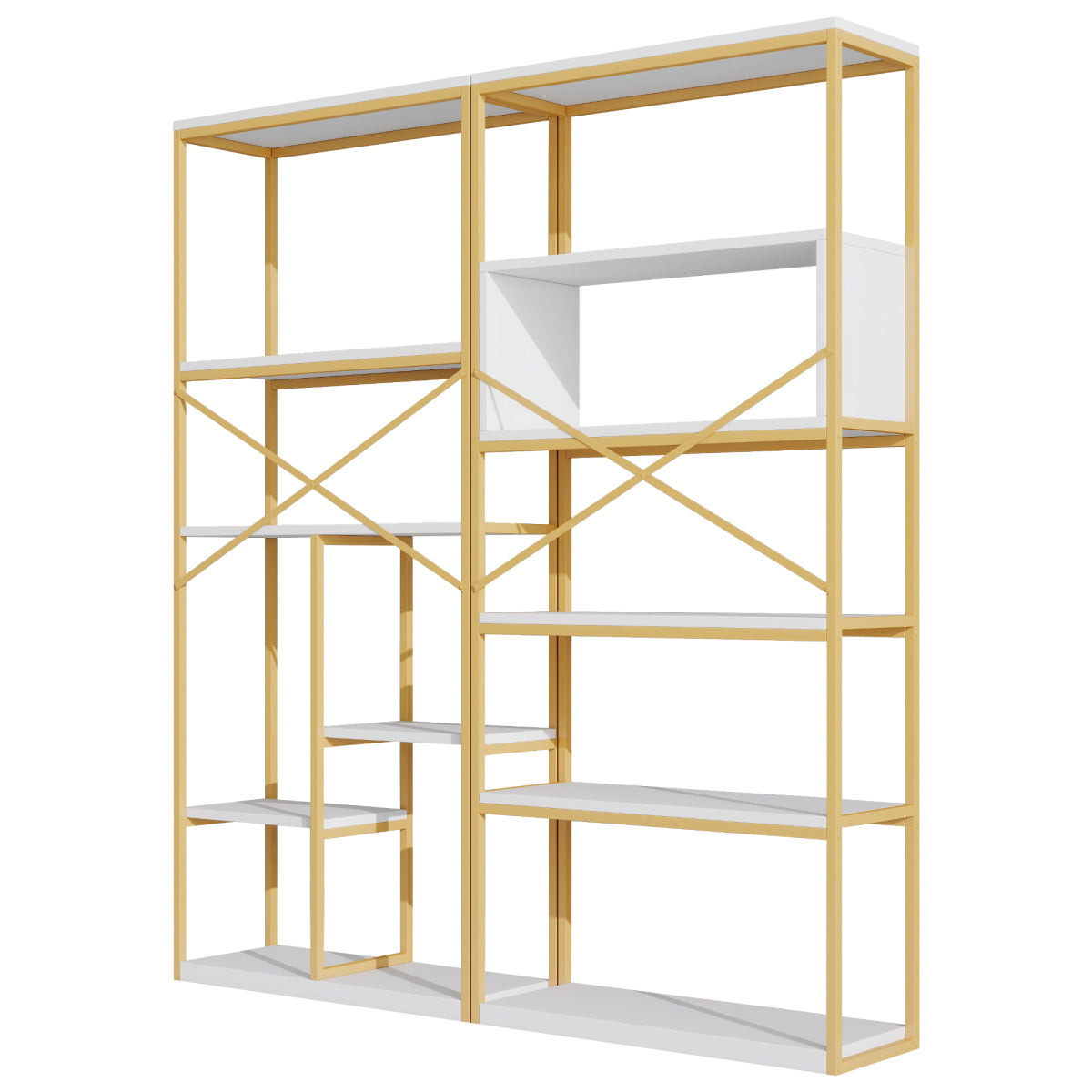 Regal 160x29,5x180 cm aus Stahl & MDF, modernes Bücherregal mit Gold-Weiß-Design, stabile Struktur & offene Fächer, leicht zu montieren