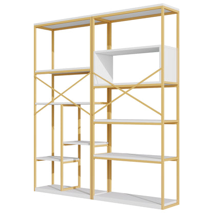 Regal 160x29,5x180 cm aus Stahl & MDF, modernes Bücherregal mit Gold-Weiß-Design, stabile Struktur & offene Fächer, leicht zu montieren