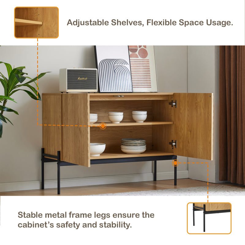 Sideboard mit 2 Türen und Metallbeinen, Buffet, Kommode mit Linien-Design, Maße: H 75 cm / B 100 cm / T 40 cm