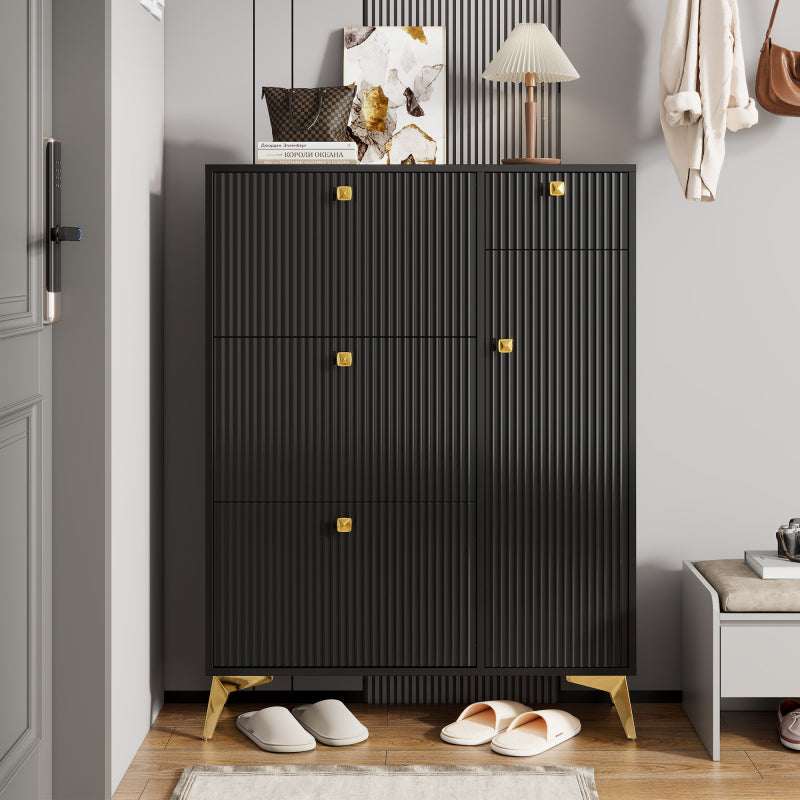 Schuhschrank mit 3 Klappen, 1 Schublade und 1 Tür, Schuhregal, Schuhkipper schmal, Schuhschrank Schwarz