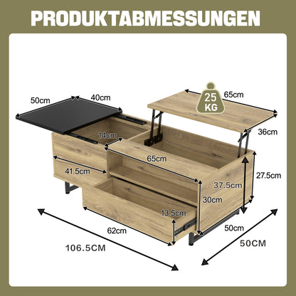 Couchtisch mit LED-Beleuchtung, Tischplatte höhenverstellbar, Holzoptik/Schwarz