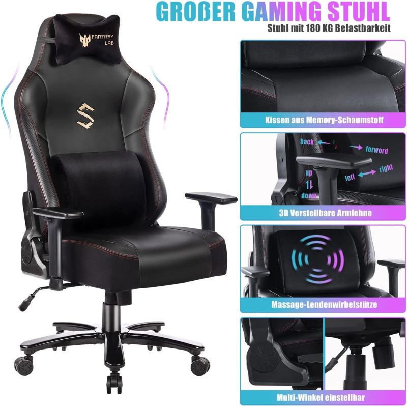 Gaming Stuhl mit Massagefunktion Racing Gamer Stuhl mit Massage Lendenwirbelstütze Gaming Sessel 180KG Belastbarkeit 55 * 52cm großes Kissen Verstellbare Armlehne 3D