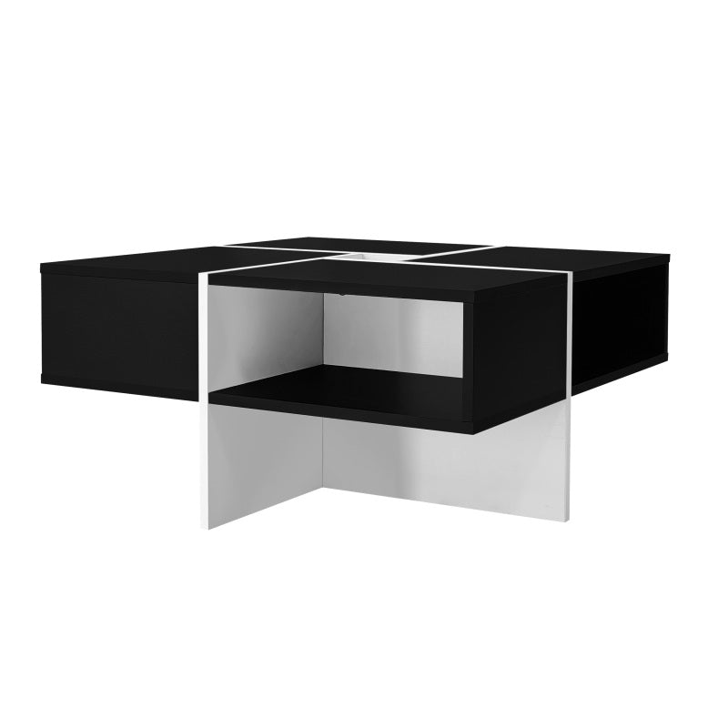 Moderner quadratischer Couchtisch 70x70x35cm - Schwarz-weißes Design, 5 offene Fächer, mittleres Ablagefach 10x10cm, Belastbarkeit 30KG, schwarzer quadratischer Couchtisch