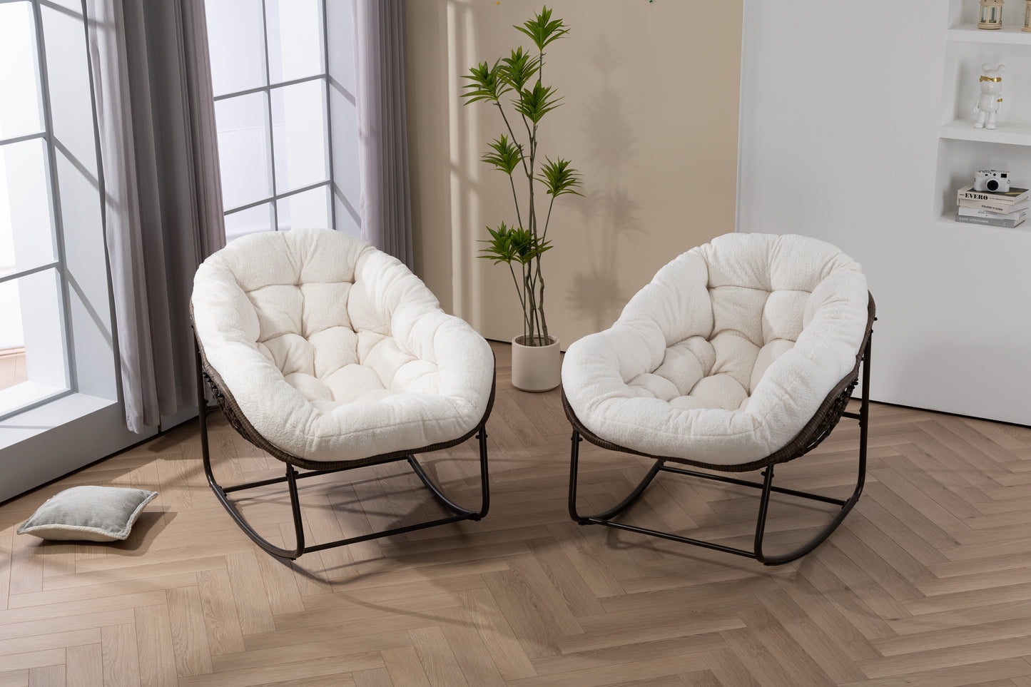 Outdoor Rattan Rocking Chair,Padded Cushion Rocker Recliner Chair Outdoor for Front Porch, Living Room, Patio, Garden, White