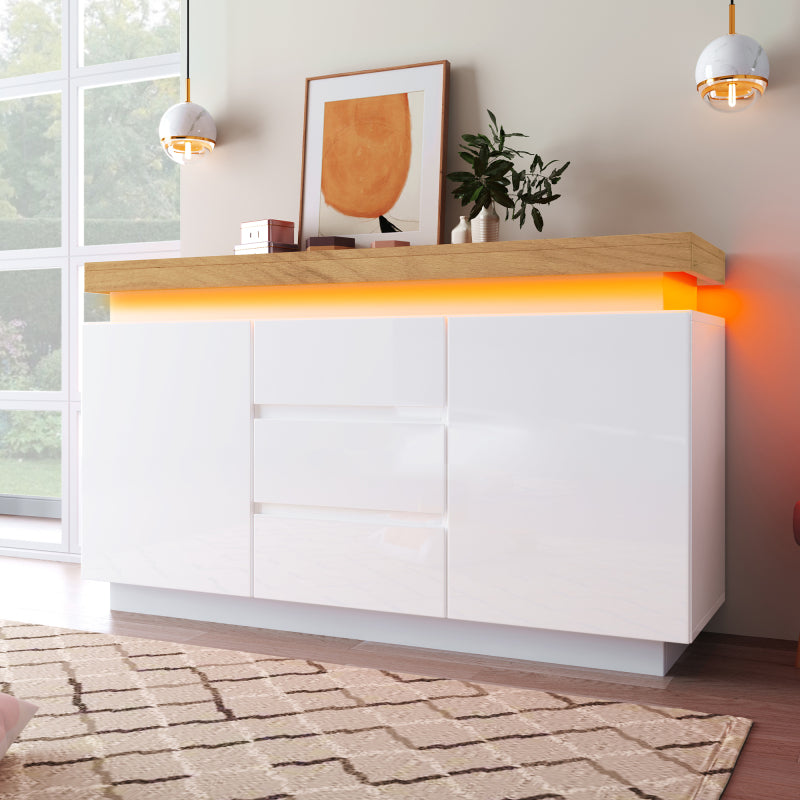 Kommode, Hochglanz Sideboard mit 2 Türen und 3 Schubladen, LED Beleuchtung (App Control), Mehrzweckschrank für Wohnzimmer und Schlafzimmer, 81 x 140 x 39 cm, Weiß