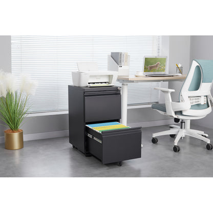 2 Drawer File Cabinet with Lock, Metal Under Desk Rolling Filing Cabinet fits Letter/Legal/A4 Size for Home Office, Mobile Filing Cabinet, Assemble Required, Black