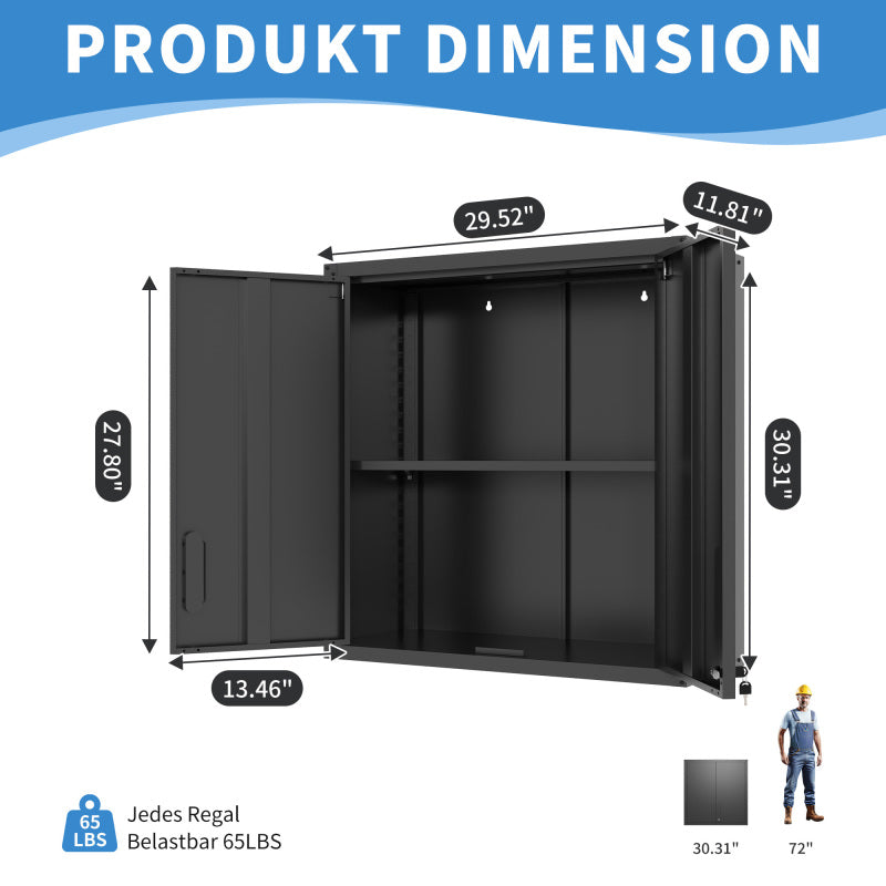 Metall-Wandschrank mit Türverschluss & Ablage - Robust, Umweltfreundlich, Ideal für Garage, Werkstatt & Büro - Ohne Holz, Kein Formaldehyd, Haustier- & Familiegeeignet, H77 cm × B75 cm × T30 cm