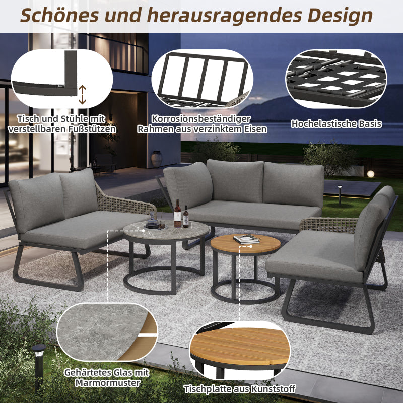 Gartenmöbel-Set für 6-7 Personen, Outdoor-Lounge-Set, Rattan-Handwerk, mit zwei Tischen, mit verzinktem Eisengestell, verstellbare Beine, inklusive aller Sitz- und Rückenkissen, grau