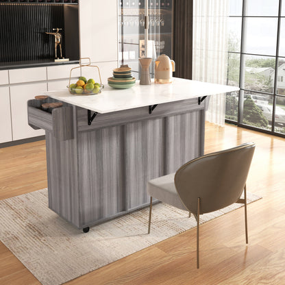 139x46(71)x91.5 cm großer Servierwagen/Beistellschrank, graues Massivholz-Furnier für den Korpus + weiße Marmor-Furnierdekoration für die Arbeitsplatte, Schrank/klappbare Arbeitsfläche/Stauraumtüren/r