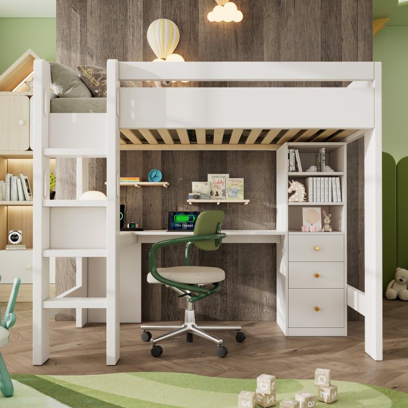 Kinderbett Hochbett mit L-förmigem Schreibtisch, Regalen und Schubladen mit USB/Type-C Ladebereich, Jugend-Einzelbett mit Leiter und Holzlattenrost, 90×200cm, Weiß, ohne Matratze.