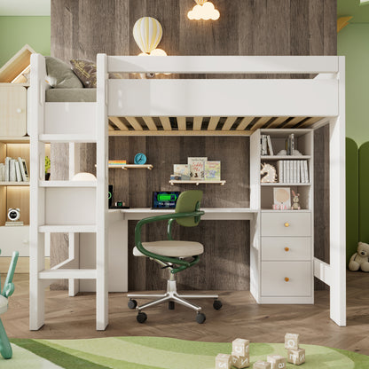 Kinderbett Hochbett mit L-förmigem Schreibtisch, Regalen und Schubladen mit USB/Type-C Ladebereich, Jugend-Einzelbett mit Leiter und Holzlattenrost, 90×200cm, Weiß, ohne Matratze.