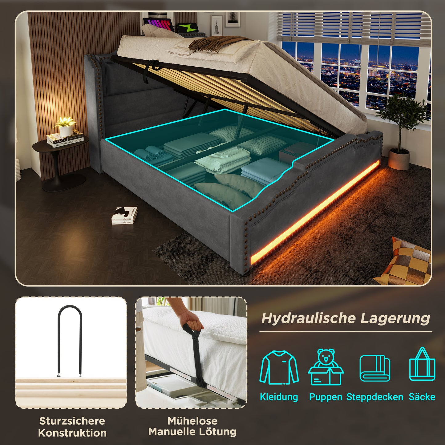 Polsterbett 160x200, Doppelbett mit hydraulischem Stauraum, LED-Beleuchtung und USB-C-Ladeanschluss, Stauraumbett und Jugendbett mit Lattenrost, Samt, Grau, ohne Matratze