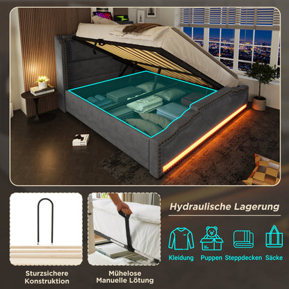 Polsterbett 140x200, Doppelbett mit hydraulischem Stauraum, LED-Beleuchtung und USB-C-Ladeanschluss, Stauraumbett und Jugendbett mit Lattenrost, Samt, Grau, Mit Matratze