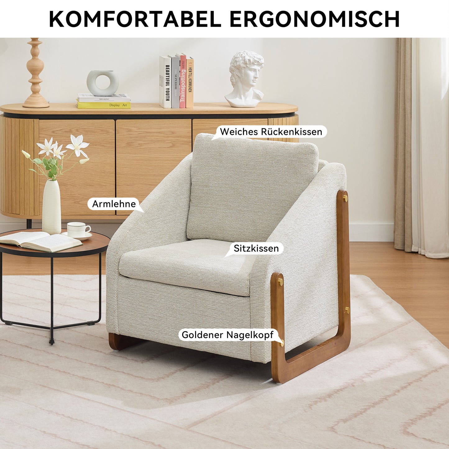 Sessel, Akzentstuhl für Wohnzimmer, Loungesessel, moderner Stuhl mit Armlehne aus Holz, mit Rückenkissen, beiger