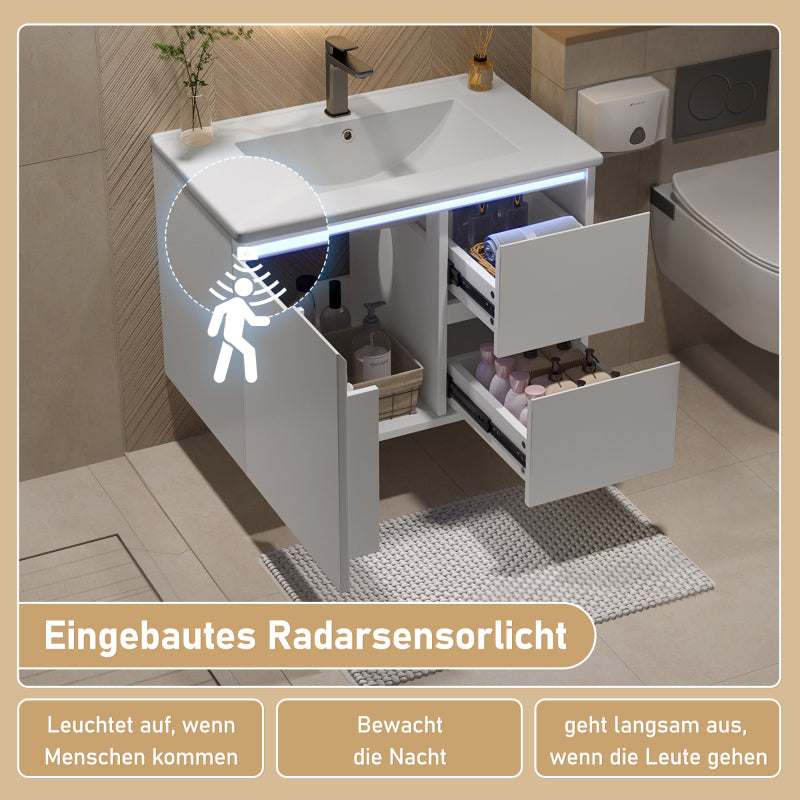 76x46x50cm wandhängend Badezimmerschränk, komplett lackiert, LED-Radarsensor-Beleuchtung, Waschtisch, zwei Schubladen, leise Gleitschienen, linke und rechte Ablage, integriertes Waschbecken, weiß