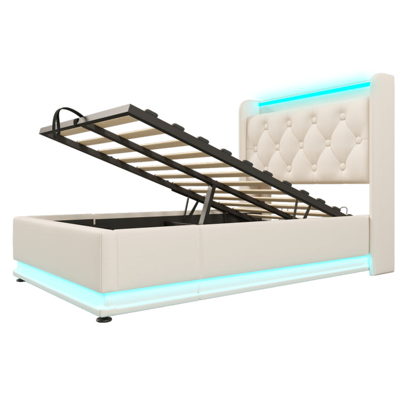 Polsterbett einzelbett, 360-Surround-LED-Funktion, Drucktaste/App/Fernbedienung, 90*200 cm, weiß PU-Material Hydraulisches Lagerbett, gepolstertes Kopfteil mit USB Typ-C Ladefunktion (Mit Matratze)