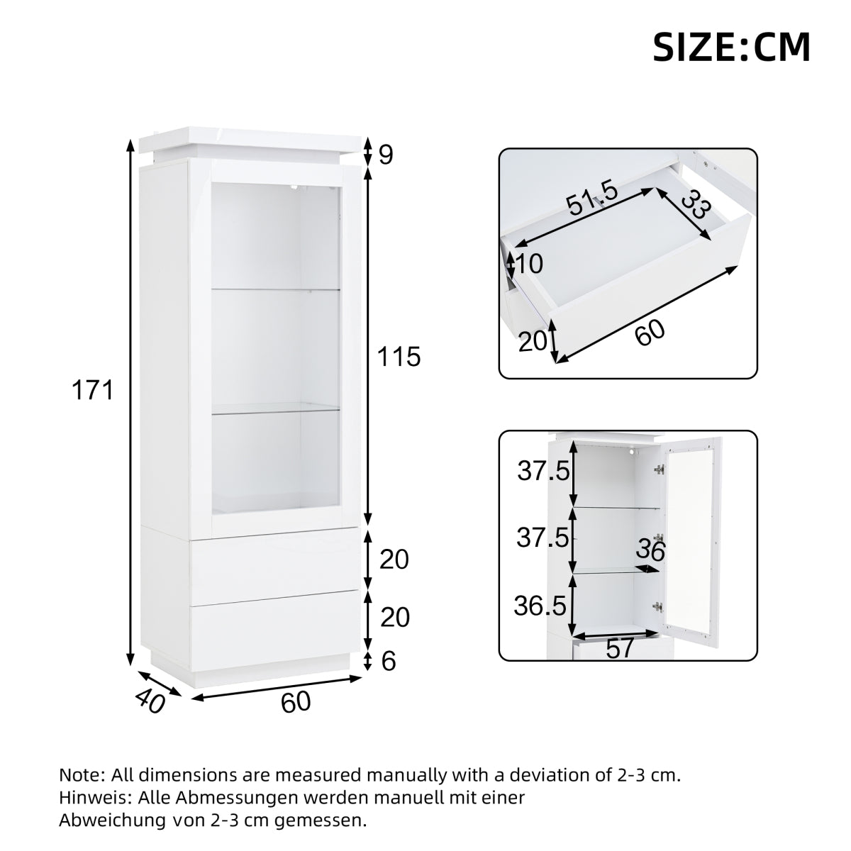 Weiß Hochglanz Vitrine 60x40x171cm mit App-LED & 2 Schubladen, Glasvitrine Hochschrank mit Acryltür, Standregal Wohnzimmerschrank