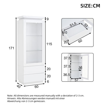 Weiß Hochglanz Vitrine 60x40x171cm mit App-LED & 2 Schubladen, Glasvitrine Hochschrank mit Acryltür, Standregal Wohnzimmerschrank