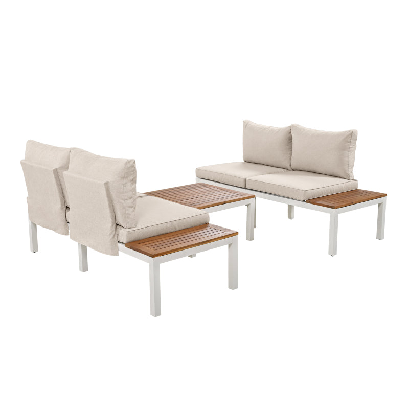 Garten-Loungesessel-Set, Gestell aus verzinktem Stahl, (2x Zweisitzer, 2x Beistelltische, 1x Tisch), Akazienholzplatte, Stoffbezug zur Bespannung der Rückenlehne, beige(previous sku:HW00005AAW)