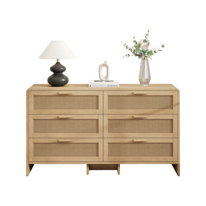 130CM Arc Shaped Corner Rattan Cabinet, 6-Drawers Rattan Storage Cabinet Rattan Drawer, for Living Room Bedroom,and Kitchen, Natural