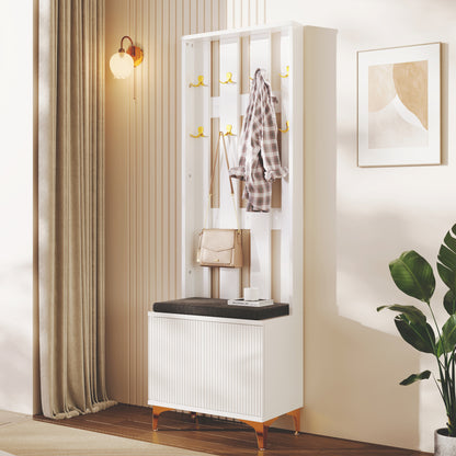 Hoher Garderobenschrank mit Wellentüren, Push-to-Open, verstellbaren Regalen & Goldakzenten, Weiß, 60,5×35,2×180,5 cm