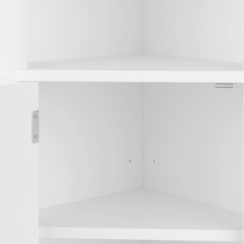Dreieckiger Badezimmerschrank, feuchtigkeitsbeständiger Lack, zwei offene Ablagefächer, zwei Schranktüren, verstellbare Trennwände, einfache Form, weiß