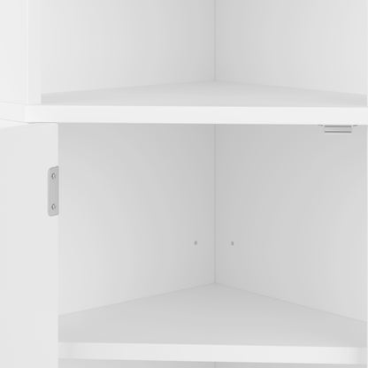 Dreieckiger Badezimmerschrank, feuchtigkeitsbeständiger Lack, zwei offene Ablagefächer, zwei Schranktüren, verstellbare Trennwände, einfache Form, weiß