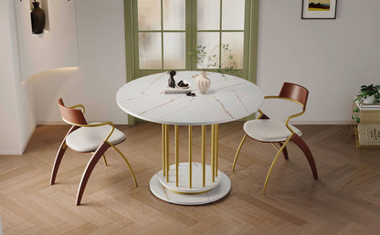 Runder Esstisch mit Marmoroptik Modernes Design mit Metallgestell, Weiß+Gold