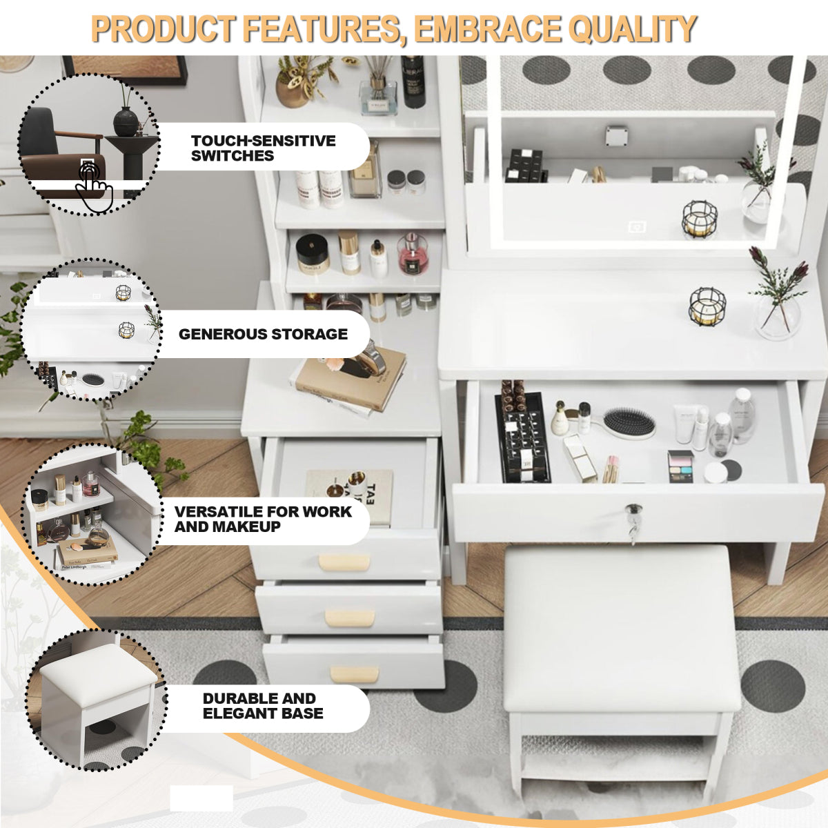 Luxus Schminktisch LED, 3 Lichtfarben, 4 Schubladen, inkl. Hocker, Weiß