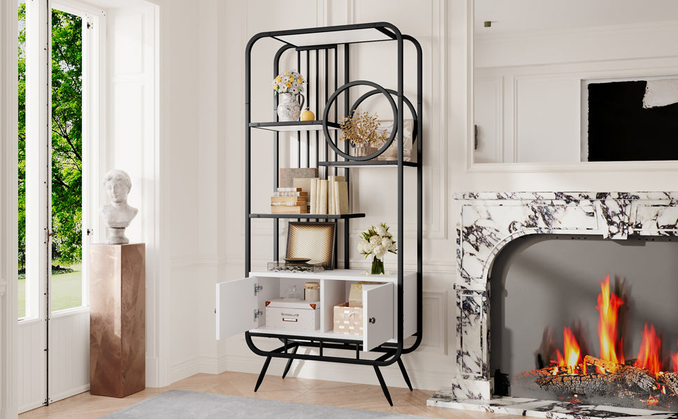 80 x 30 x 180 cm Metallregal, weißer Lagerschrank mit Doppeltür, drei Regalböden, schwarzes Metallregal, hohe Metallfüße, runde Dekoration, weiß + schwarz