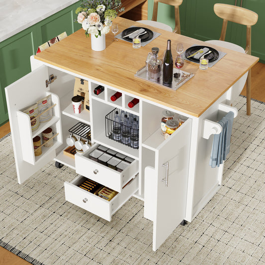 Kücheninsel Buffetschrank 120x73x92cm Küchenwagen mit klappbarer Arbeitsplatte Gewürzregal Weinregal und verstellbaren Ablagen Weiß