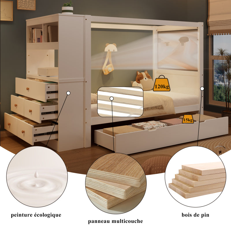 Einzelbett, Kinderbett mit Fallschutz und Gitter,  Holzbett mit Stauraum, Weiß+Natur,  90x200cm