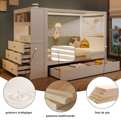 Einzelbett, Kinderbett mit Fallschutz und Gitter,  Holzbett mit Stauraum, Weiß+Natur,  90x200cm