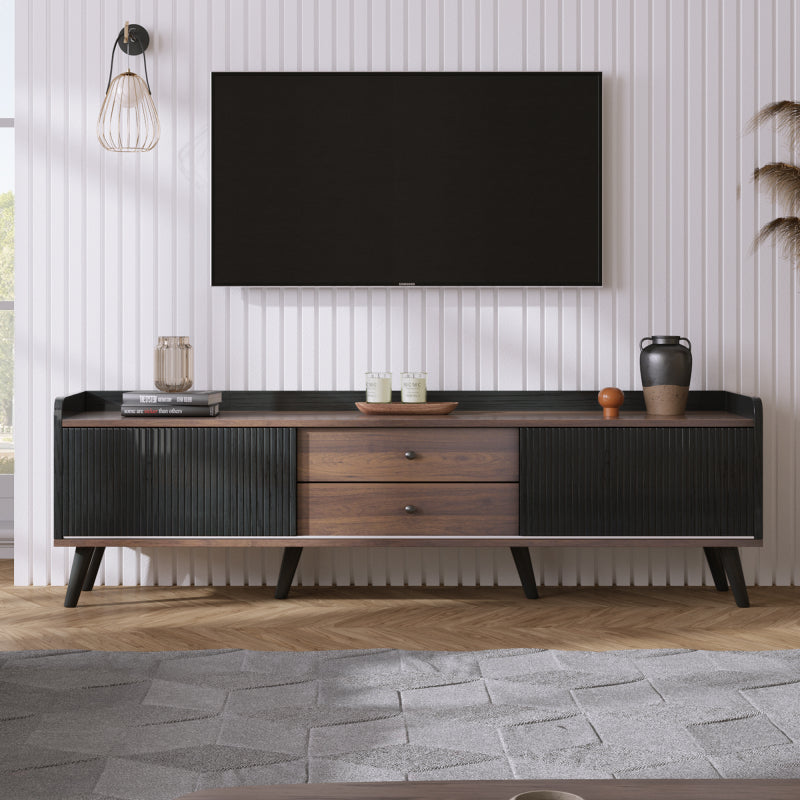 TV-Schrank mit zwei Schubladen, Fernsehtisch TV Board, TV- Lowboard niedrige Platte mit zwei Schiebetüren. Exquisite Textur. Schwarz und natürliches Holzfarbe. H58/L160/T40 cm
