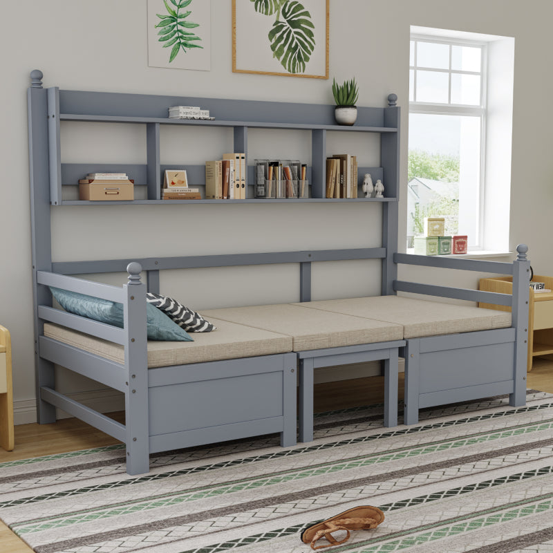 Multifunktionales Massivholz Schlafsofa 200x90 cm, 2-in-1 Bett und Schreibtisch, Frei Umbaubar, Mit Bücherregal Zur Aufbewahrung, Mit Bequemen Kissen, Gästebett Einzelholzbett, Grau