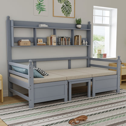 Multifunktionales Massivholz Schlafsofa 200x90 cm, 2-in-1 Bett und Schreibtisch, Frei Umbaubar, Mit Bücherregal Zur Aufbewahrung, Mit Bequemen Kissen, Gästebett Einzelholzbett, Grau